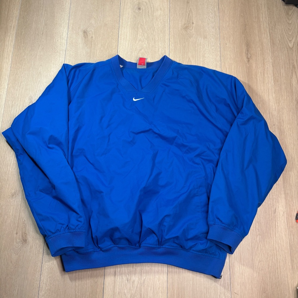 Nike Team Center Swoosh Lined V-Neck Windbreaker Pullover Jacket Blue Large 90s